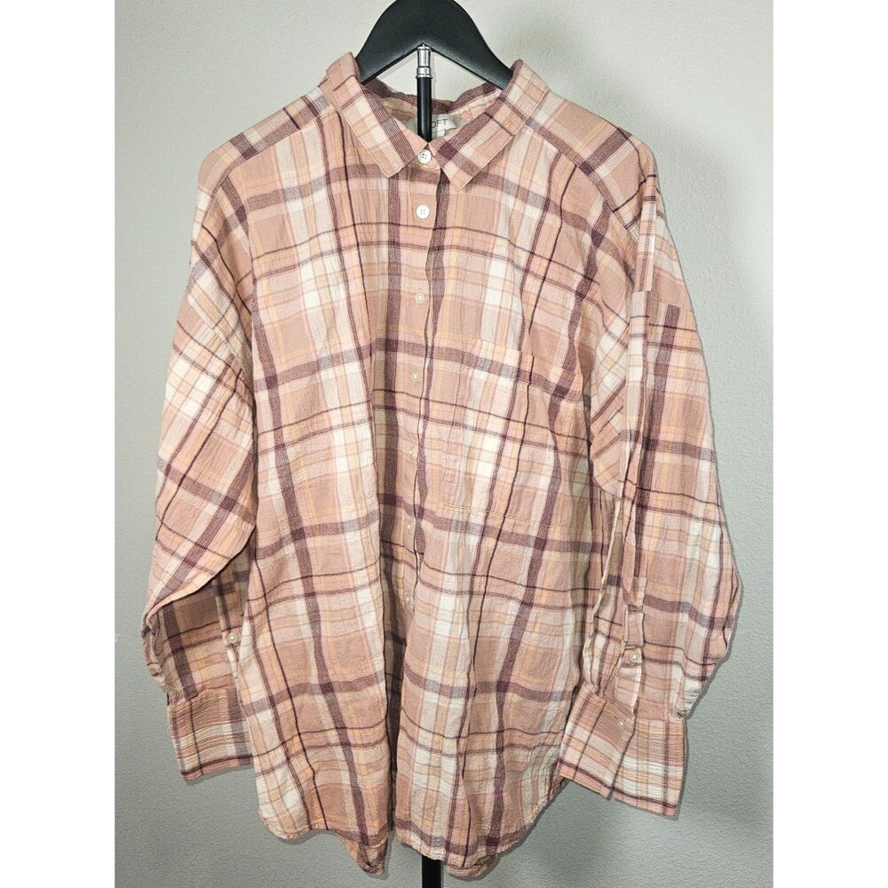 LOFT‎ Womens XXL Pink Plaid Button Up Shirt Long Sleeve Cotton Casual Blouse